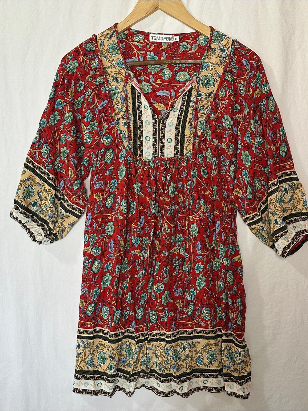 Temofon Red Floral Boho Tunic Dress